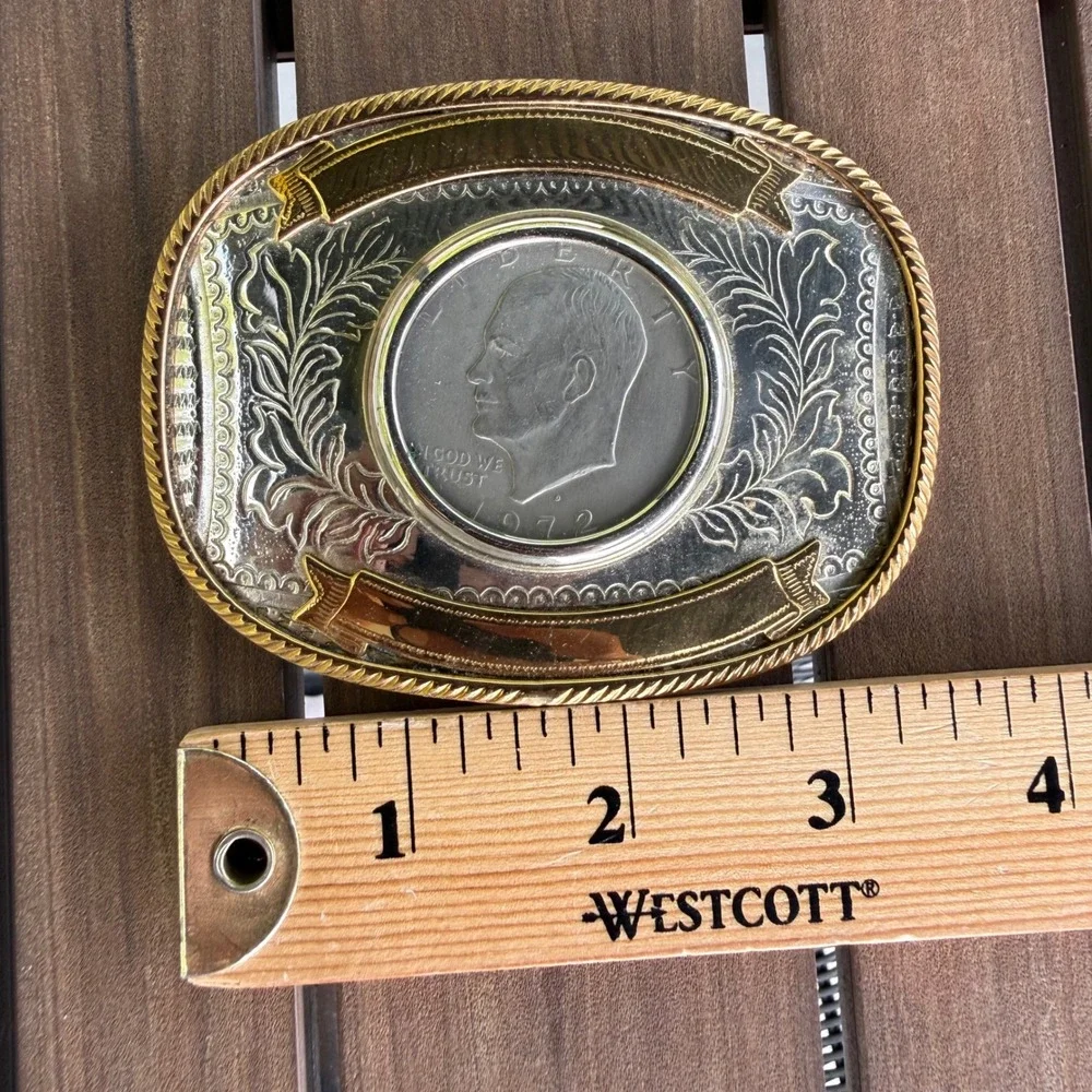 Vintage German Silver Belt Buckle 1972 Eisenhower Liberty One Dollar Coin